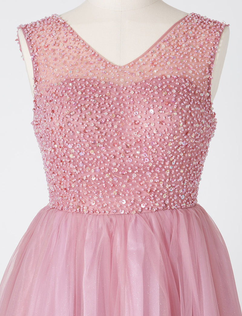 TWEED DRESS(ツイードドレス)のスモーキーピンクロングドレス・チュール｜TN2001-SYPKのトルソー上半身正面画像です。
