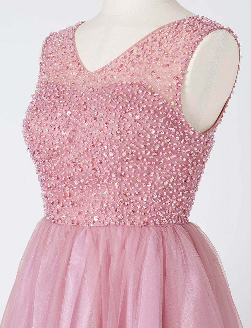 TWEED DRESS(ツイードドレス)のスモーキーピンクロングドレス・チュール｜TN2001-SYPKのトルソー上半身斜め画像です。