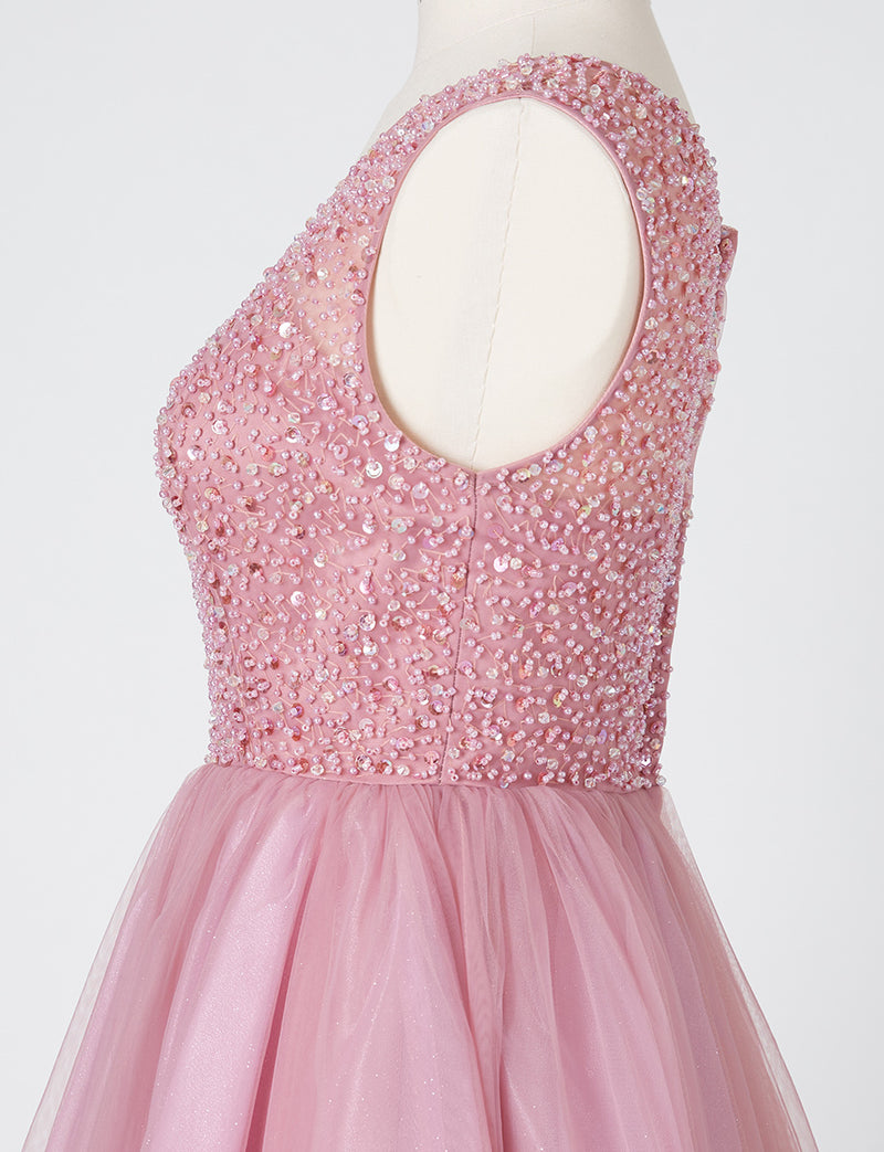 TWEED DRESS(ツイードドレス)のスモーキーピンクロングドレス・チュール｜TN2001-SYPKのトルソー上半身横画像です。