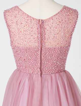 TWEED DRESS(ツイードドレス)のスモーキーピンクロングドレス・チュール｜TN2001-SYPKのトルソー上半身後ろ画像です。
