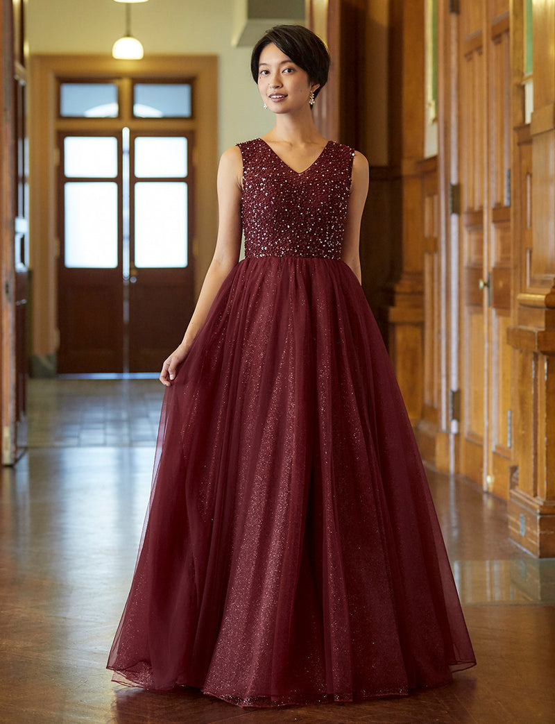 TWEED DRESS(ツイードドレス)のワインレッドロングドレス・チュール｜TN2001-WRDの全身正面画像です。