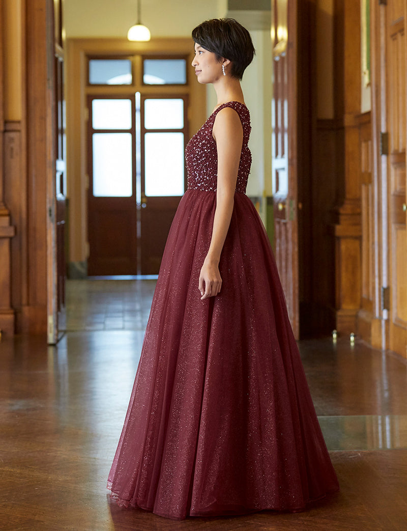 TWEED DRESS(ツイードドレス)のワインレッドロングドレス・チュール｜TN2001-WRDの全身横画像です。