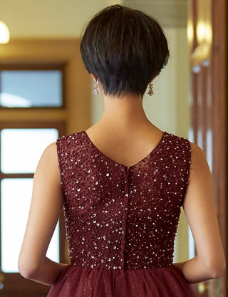 TWEED DRESS(ツイードドレス)のワインレッドロングドレス・チュール｜TN2001-WRDの上半身後ろ画像です。