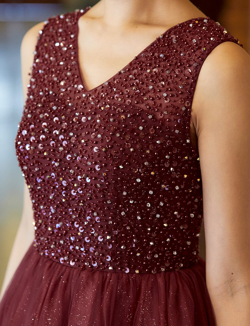 TWEED DRESS(ツイードドレス)のワインレッドロングドレス・チュール｜TN2001-WRDの上半身装飾拡大画像です。