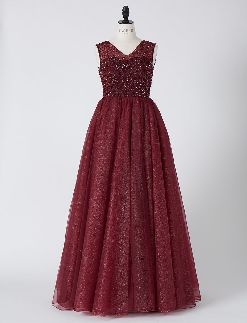 TWEED DRESS(ツイードドレス)のワインレッドロングドレス・チュール｜TN2001-WRDのトルソー全身正面画像です。