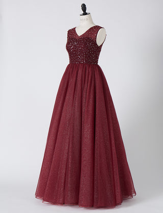 TWEED DRESS(ツイードドレス)のワインレッドロングドレス・チュール｜TN2001-WRDのトルソー全身斜め画像です。
