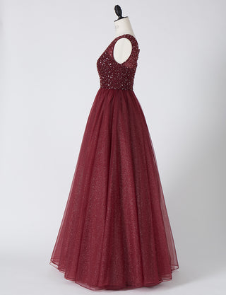 TWEED DRESS(ツイードドレス)のワインレッドロングドレス・チュール｜TN2001-WRDのトルソー全身横画像です。