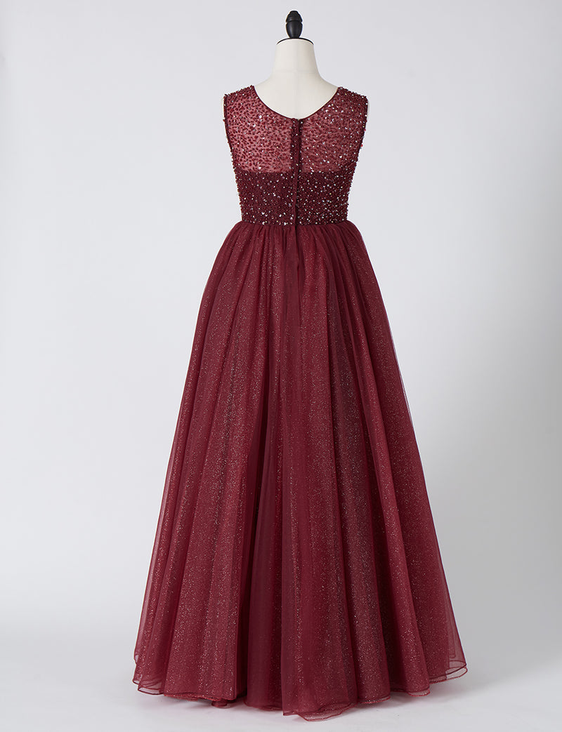 TWEED DRESS(ツイードドレス)のワインレッドロングドレス・チュール｜TN2001-WRDのトルソー全身後ろ画像です。