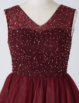 TWEED DRESS(ツイードドレス)のワインレッドロングドレス・チュール｜TN2001-WRDのトルソー上半身正面画像です。