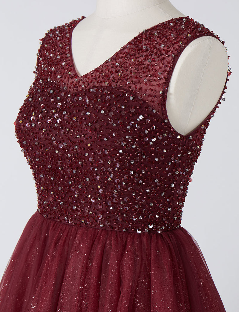 TWEED DRESS(ツイードドレス)のワインレッドロングドレス・チュール｜TN2001-WRDのトルソー上半身斜め画像です。