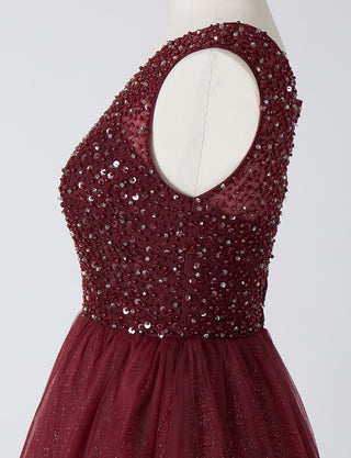 TWEED DRESS(ツイードドレス)のワインレッドロングドレス・チュール｜TN2001-WRDのトルソー上半身横画像です。