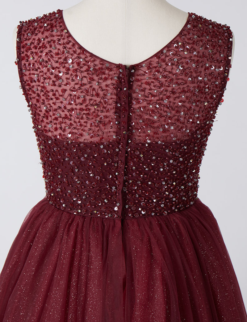 TWEED DRESS(ツイードドレス)のワインレッドロングドレス・チュール｜TN2001-WRDのトルソー上半身後ろ画像です。