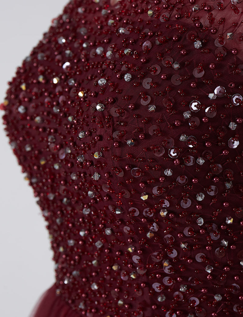 TWEED DRESS(ツイードドレス)のワインレッドロングドレス・チュール｜TN2001-WRDのトルソー上半身ビーズ装飾拡大画像です。