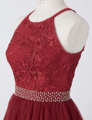 TWEED DRESS(ツイードドレス)のダークスカーレットロングドレス・チュール｜TN2002-DSのトルソー上半身斜め画像です。