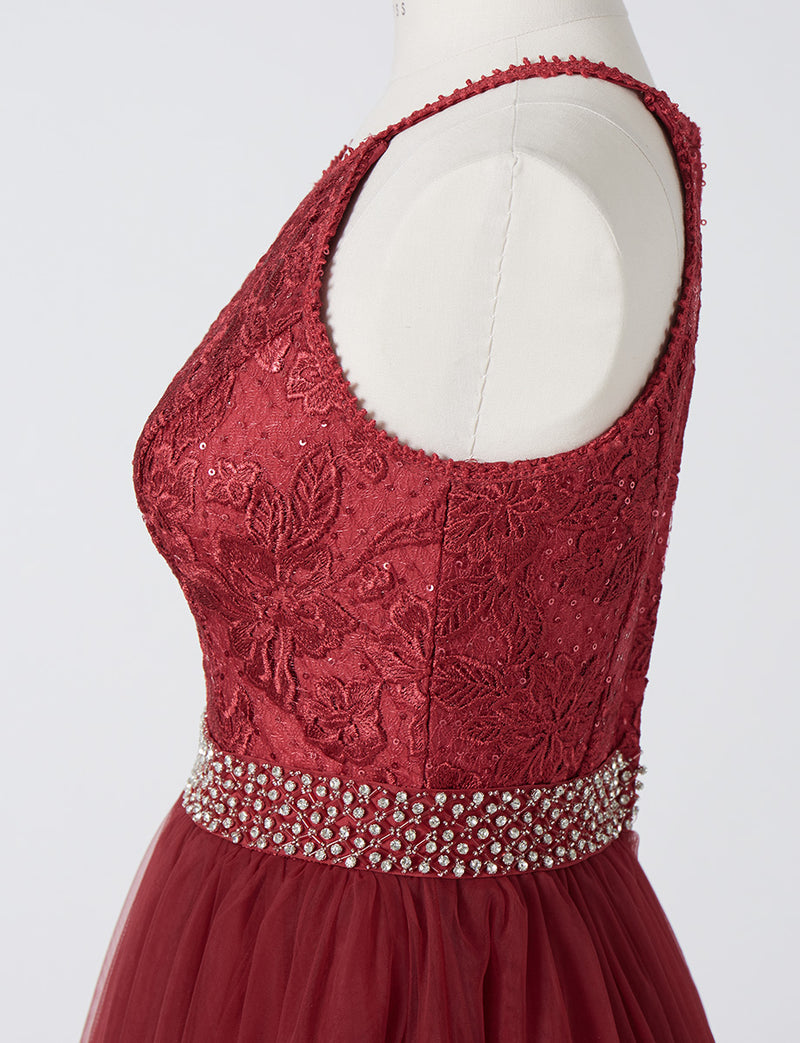 TWEED DRESS(ツイードドレス)のダークスカーレットロングドレス・チュール｜TN2002-DSのトルソー上半身横画像です。