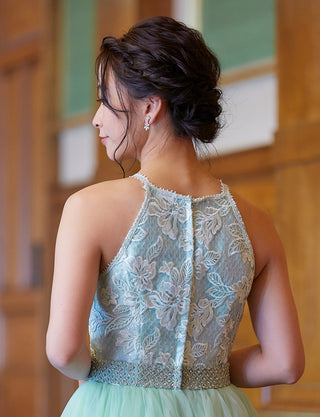 TWEED DRESS(ツイードドレス)のペールミントロングドレス・チュール｜TN2002-PMTの上半身後ろ画像です。