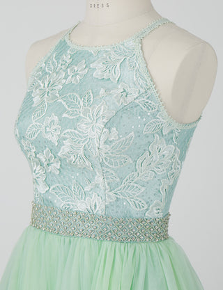 TWEED DRESS(ツイードドレス)のペールミントロングドレス・チュール｜TN2002-PMTのトルソー上半身斜め画像です。