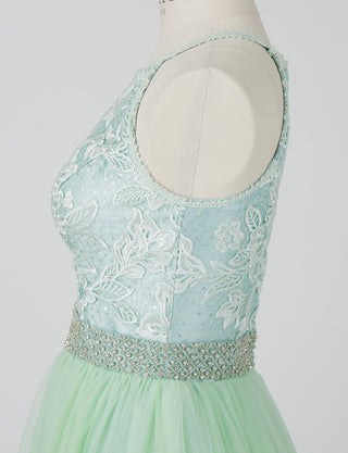 TWEED DRESS(ツイードドレス)のペールミントロングドレス・チュール｜TN2002-PMTのトルソー上半身横画像です。