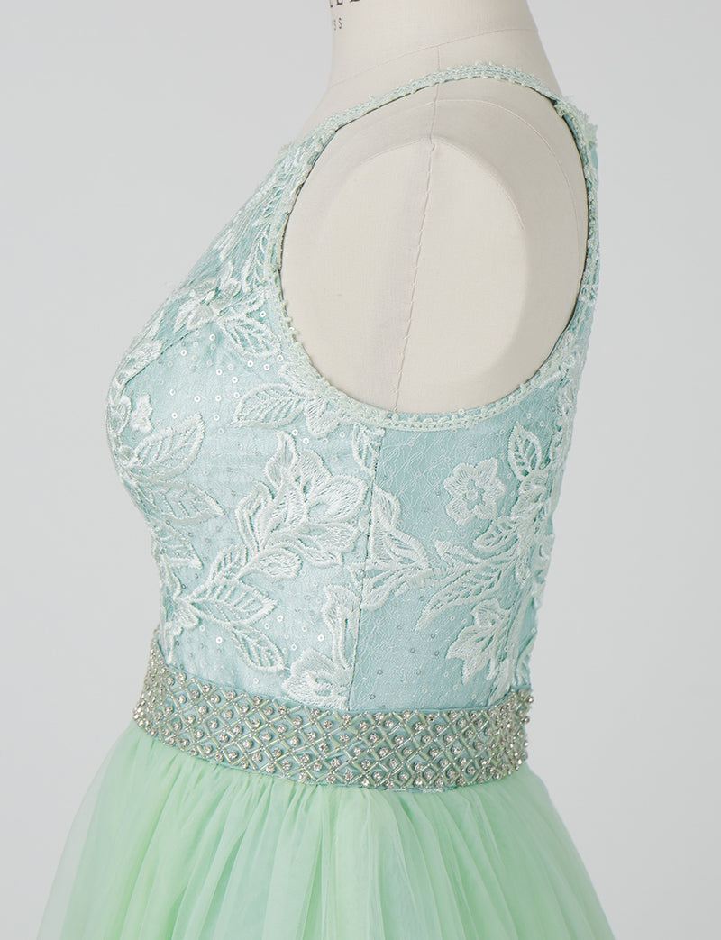 TWEED DRESS(ツイードドレス)のペールミントロングドレス・チュール｜TN2002-PMTのトルソー上半身横画像です。