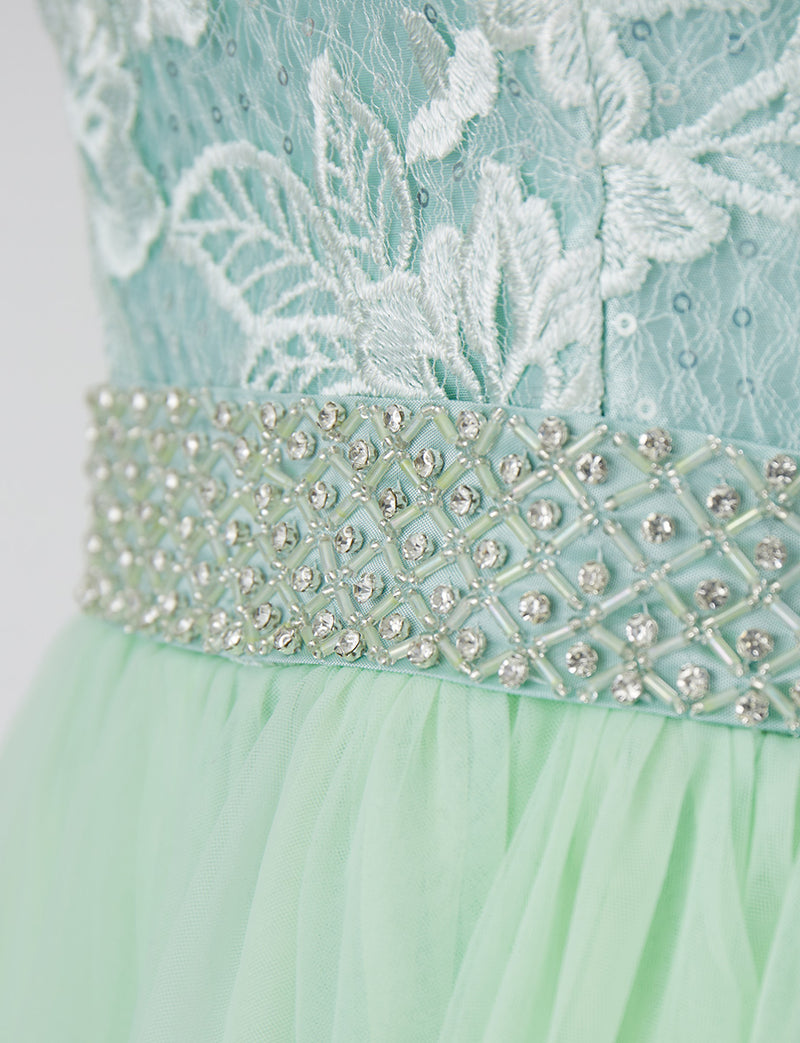 TWEED DRESS(ツイードドレス)のペールミントロングドレス・チュール｜TN2002-PMTのウエストビジュ装飾拡大画像です。