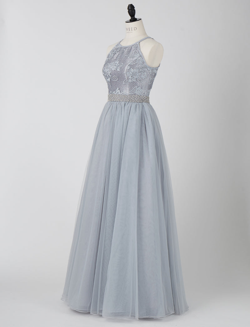 TWEED DRESS(ツイードドレス)のシルバーグレーロングドレス・チュール｜TN2002-SGYのトルソー全身斜め画像です。