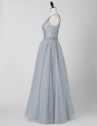 TWEED DRESS(ツイードドレス)のシルバーグレーロングドレス・チュール｜TN2002-SGYのトルソー全身横画像です。