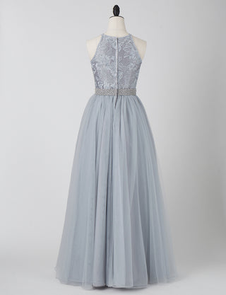 TWEED DRESS(ツイードドレス)のシルバーグレーロングドレス・チュール｜TN2002-SGYのトルソー全身後ろ画像です。