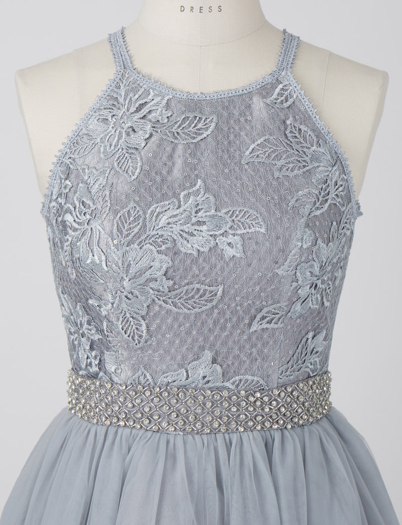 TWEED DRESS(ツイードドレス)のシルバーグレーロングドレス・チュール｜TN2002-SGYのトルソー上半身正面画像です。
