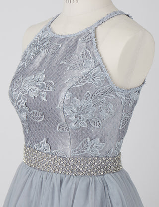 TWEED DRESS(ツイードドレス)のシルバーグレーロングドレス・チュール｜TN2002-SGYのトルソー上半身斜め画像です。