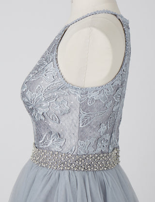 TWEED DRESS(ツイードドレス)のシルバーグレーロングドレス・チュール｜TN2002-SGYのトルソー上半身横画像です。