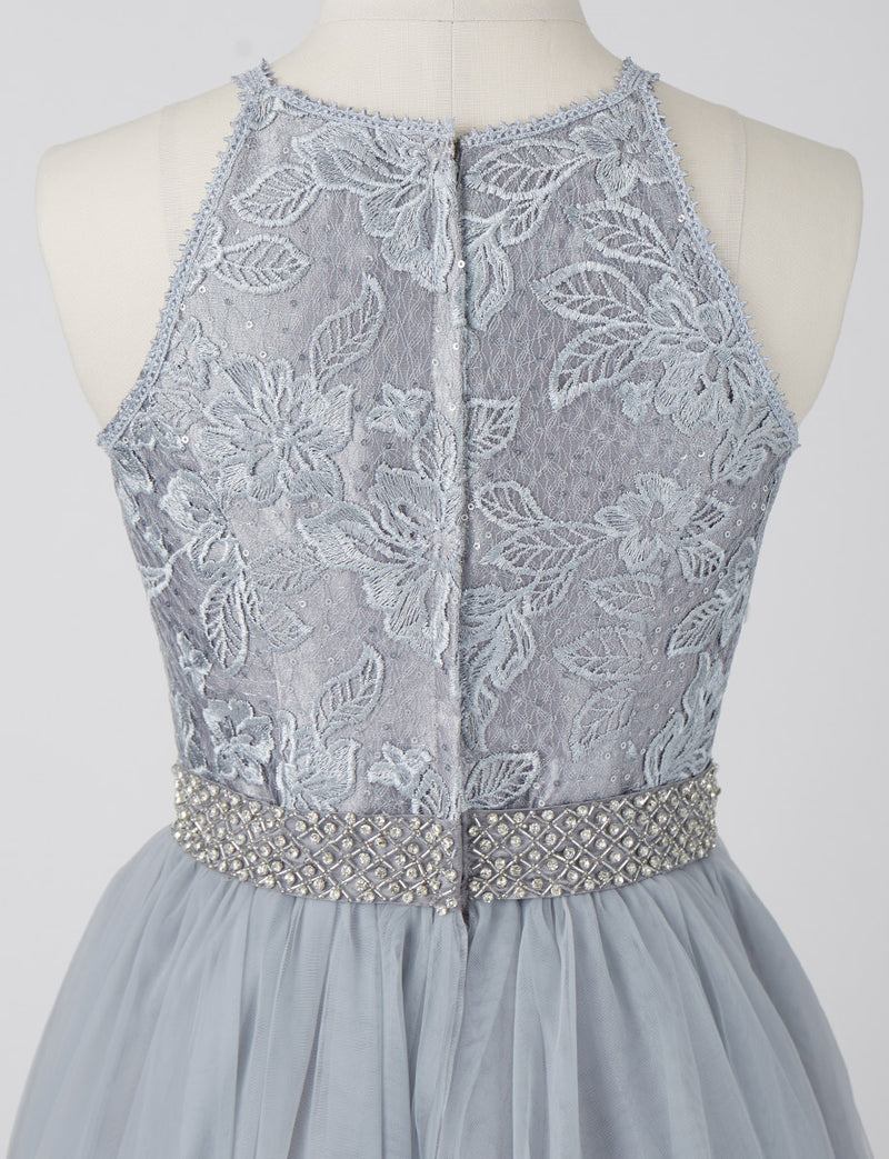 TWEED DRESS(ツイードドレス)のシルバーグレーロングドレス・チュール｜TN2002-SGYのトルソー上半身後ろ画像です。
