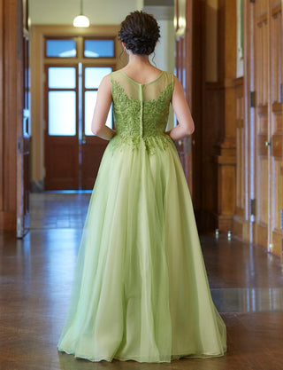 TWEED DRESS(ツイードドレス)のアップルグリーンロングドレス・チュール｜TN2003-AGNの全身後ろ画像です。