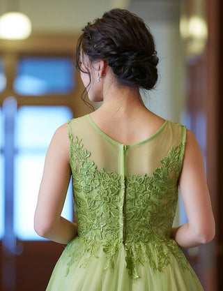 TWEED DRESS(ツイードドレス)のアップルグリーンロングドレス・チュール｜TN2003-AGNの上半身後ろ画像です。