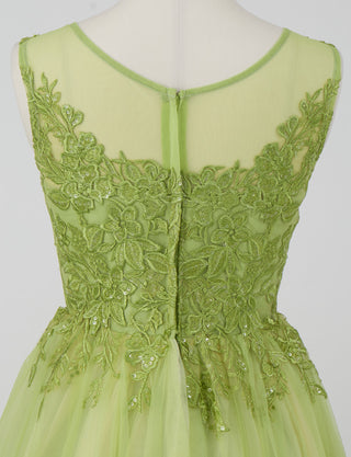 TWEED DRESS(ツイードドレス)のアップルグリーンロングドレス・チュール｜TN2003-AGNのトルソー上半身後ろ画像です。