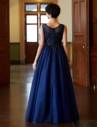 TWEED DRESS(ツイードドレス)のダークネイビーロングドレス・チュール｜TN2003-DNYの全身後ろ画像です。