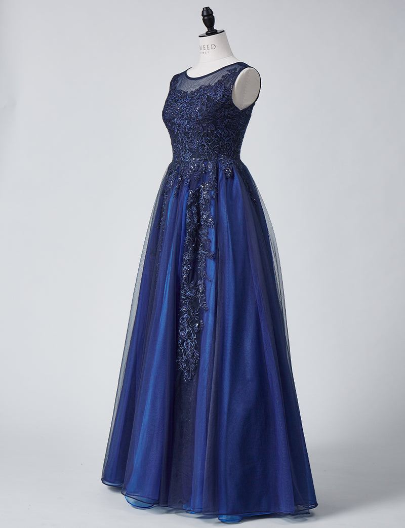 TWEED DRESS(ツイードドレス)のダークネイビーロングドレス・チュール｜TN2003-DNYのトルソー全身斜め画像です。