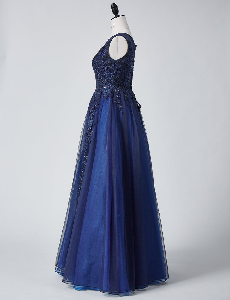 TWEED DRESS(ツイードドレス)のダークネイビーロングドレス・チュール｜TN2003-DNYのトルソー全身横画像です。