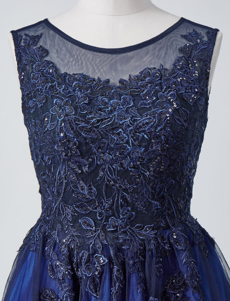 TWEED DRESS(ツイードドレス)のダークネイビーロングドレス・チュール｜TN2003-DNYのトルソー上半身正面画像です。