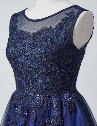 TWEED DRESS(ツイードドレス)のダークネイビーロングドレス・チュール｜TN2003-DNYのトルソー上半身斜め画像です。