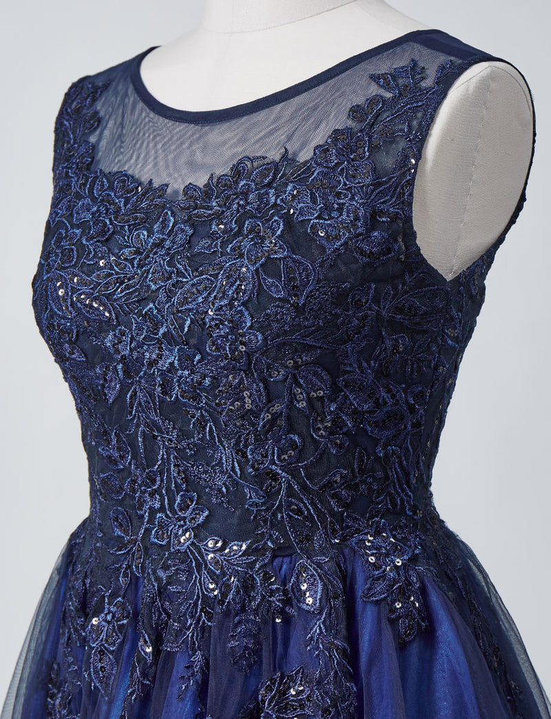 TWEED DRESS(ツイードドレス)のダークネイビーロングドレス・チュール｜TN2003-DNYのトルソー上半身斜め画像です。