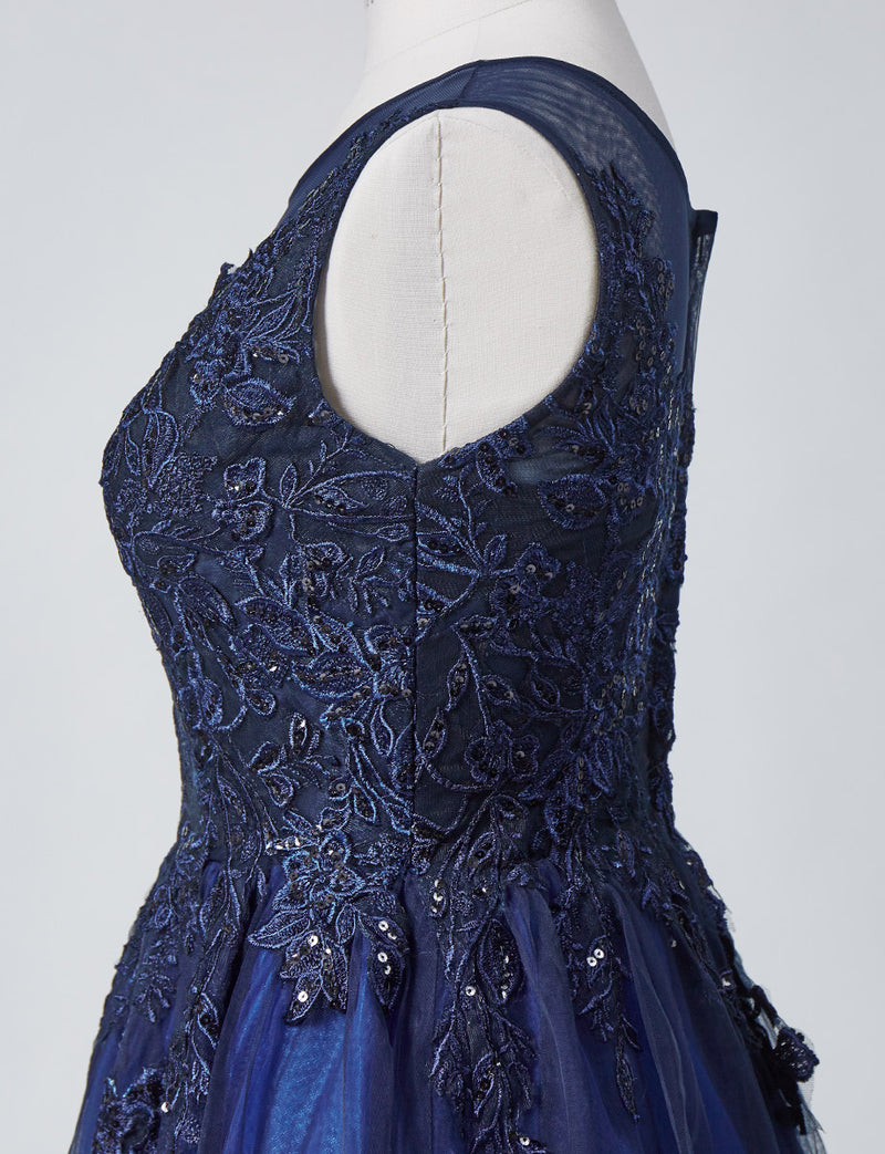 TWEED DRESS(ツイードドレス)のダークネイビーロングドレス・チュール｜TN2003-DNYのトルソー上半身横画像です。