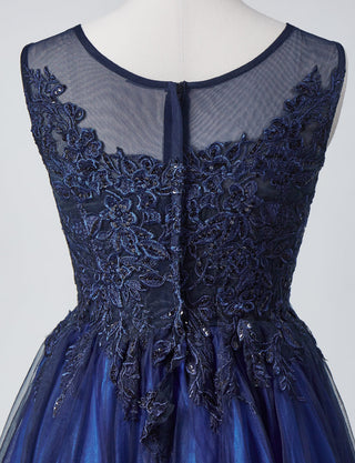 TWEED DRESS(ツイードドレス)のダークネイビーロングドレス・チュール｜TN2003-DNYのトルソー上半身後ろ画像です。