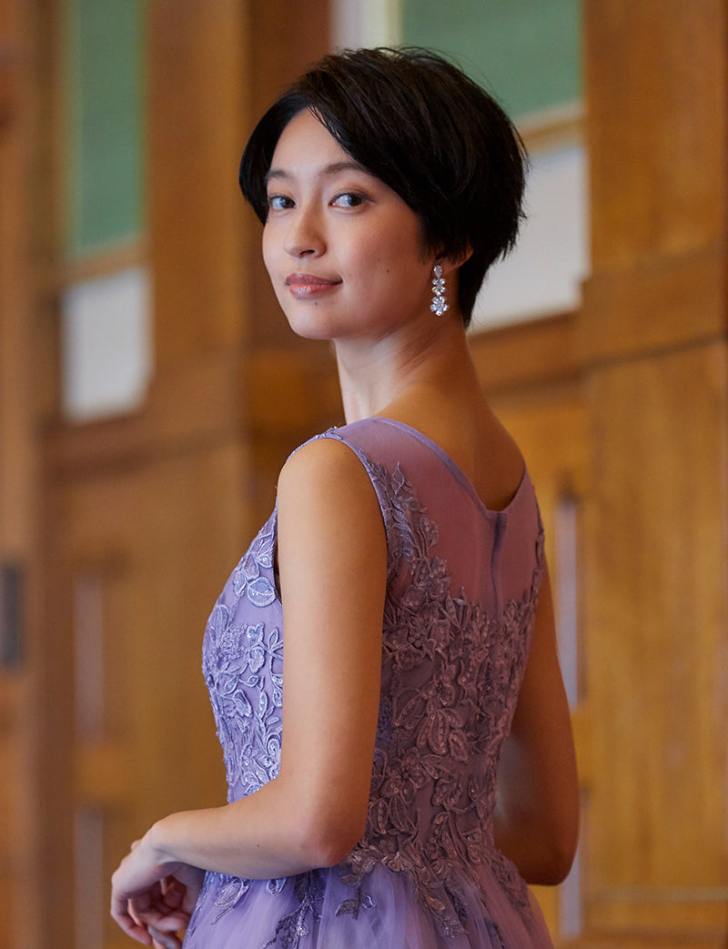 TWEED DRESS(ツイードドレス)のライラックロングドレス・チュール｜TN2003-LLCの上半身後ろ画像です。
