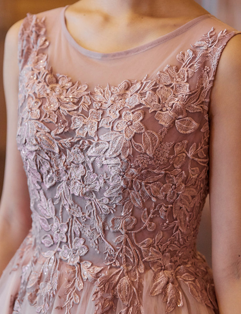 TWEED DRESS(ツイードドレス)のピンクベージュロングドレス・チュール｜TN2003-PKBEの上半身装飾拡大画像です。