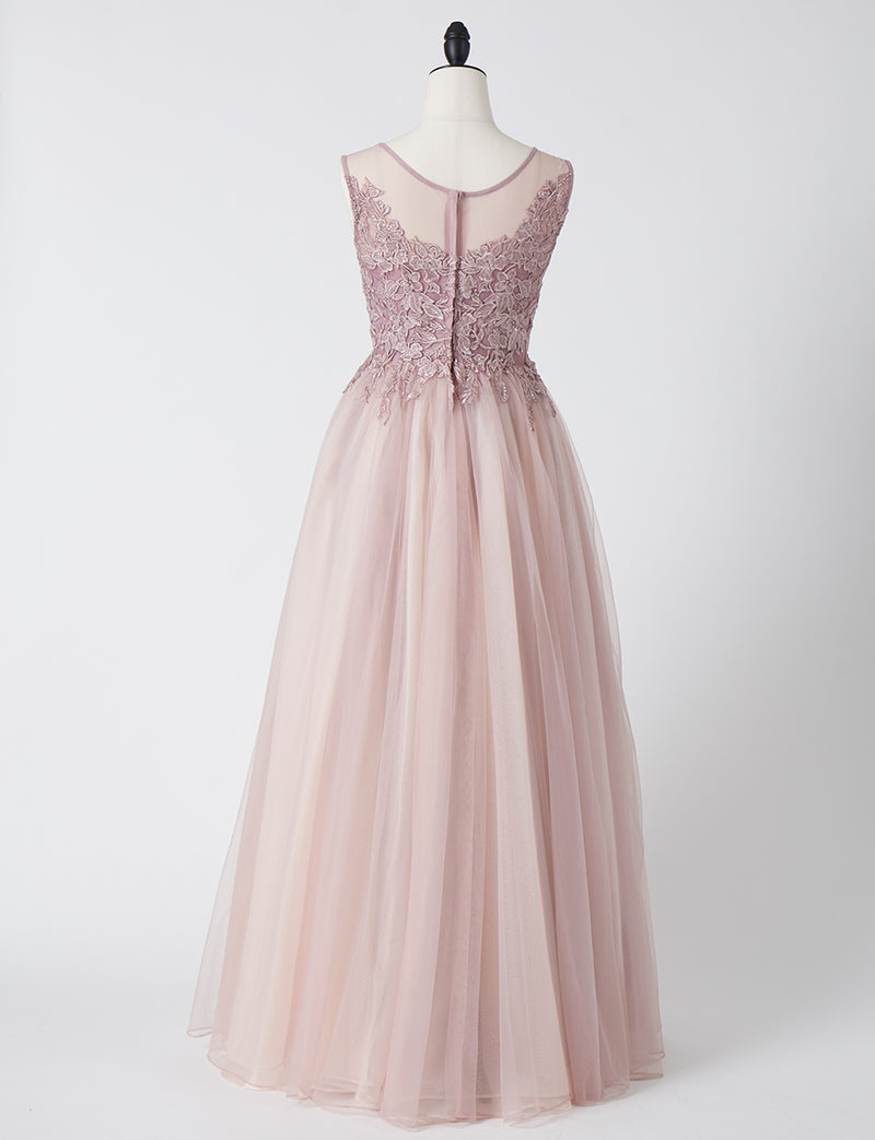 TWEED DRESS(ツイードドレス)のピンクベージュロングドレス・チュール｜TN2003-PKBEのトルソー全身後ろ画像です。