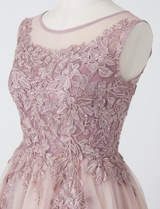 TWEED DRESS(ツイードドレス)のピンクベージュロングドレス・チュール｜TN2003-PKBEのトルソー上半身斜め画像です。