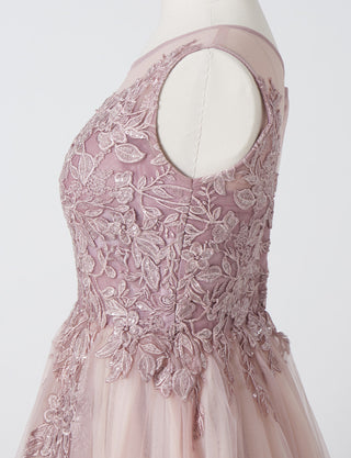 TWEED DRESS(ツイードドレス)のピンクベージュロングドレス・チュール｜TN2003-PKBEのトルソー上半身横画像です。