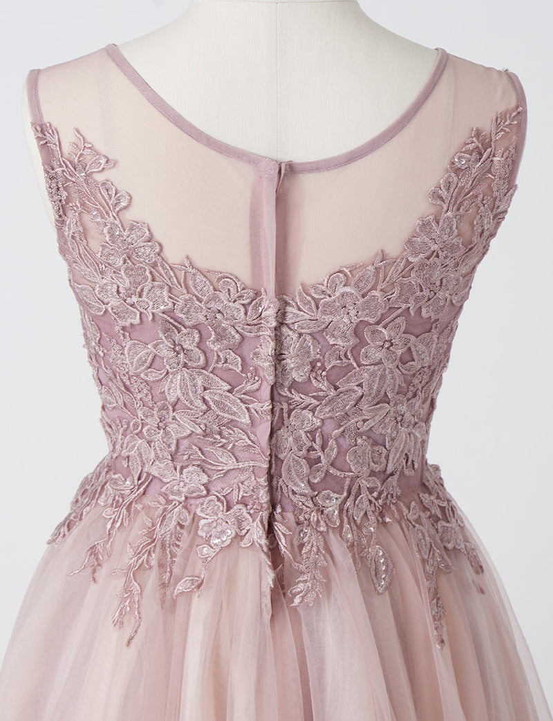 TWEED DRESS(ツイードドレス)のピンクベージュロングドレス・チュール｜TN2003-PKBEのトルソー上半身後ろ画像です。