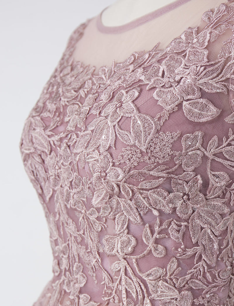 TWEED DRESS(ツイードドレス)のピンクベージュロングドレス・チュール｜TN2003-PKBEのトルソー上半身装飾拡大画像です。