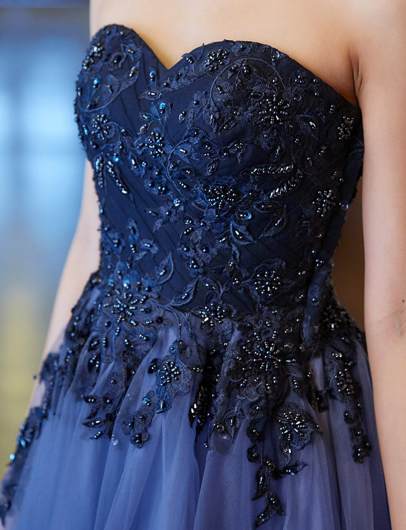 TWEED DRESS(ツイードドレス)のネイビーロングドレス・チュール｜TN2005-NYの上半身装飾拡大画像です。